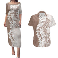 Polynesian Beige Plumeria Lei Couples Matching Puletasi and Hawaiian Shirt with Hammerhead Shark LT7 Beige - Polynesian Pride