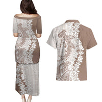 Polynesian Beige Plumeria Lei Couples Matching Puletasi and Hawaiian Shirt with Hammerhead Shark LT7 - Polynesian Pride