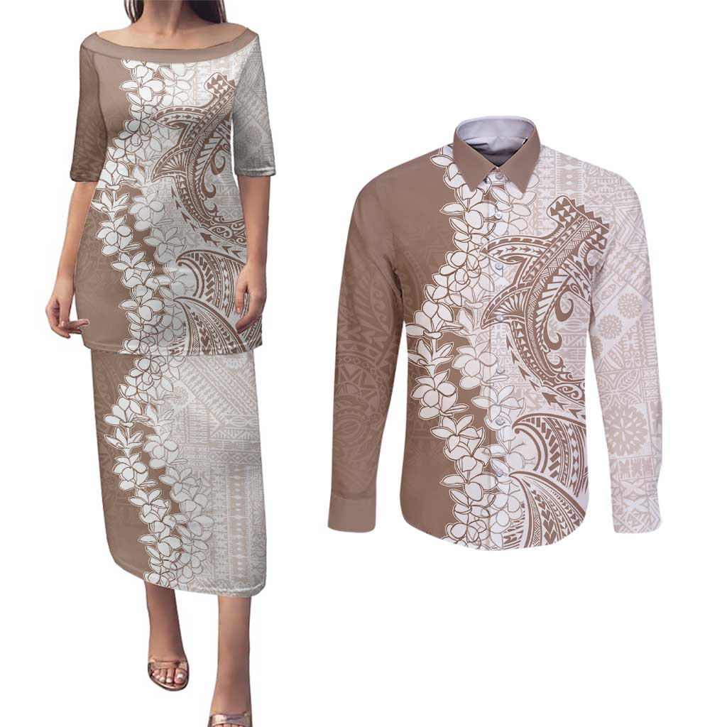 Polynesian Beige Plumeria Lei Couples Matching Puletasi and Long Sleeve Button Shirt with Hammerhead Shark LT7 Beige - Polynesian Pride