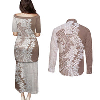Polynesian Beige Plumeria Lei Couples Matching Puletasi and Long Sleeve Button Shirt with Hammerhead Shark LT7 - Polynesian Pride