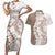 Polynesian Beige Plumeria Lei Couples Matching Short Sleeve Bodycon Dress and Hawaiian Shirt with Hammerhead Shark