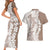 Polynesian Beige Plumeria Lei Couples Matching Short Sleeve Bodycon Dress and Hawaiian Shirt with Hammerhead Shark