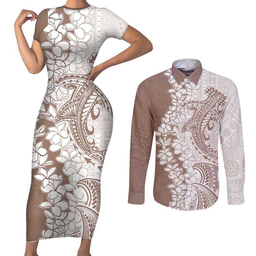 Polynesian Beige Plumeria Lei Couples Matching Short Sleeve Bodycon Dress and Long Sleeve Button Shirt with Hammerhead Shark LT7 Beige - Polynesian Pride