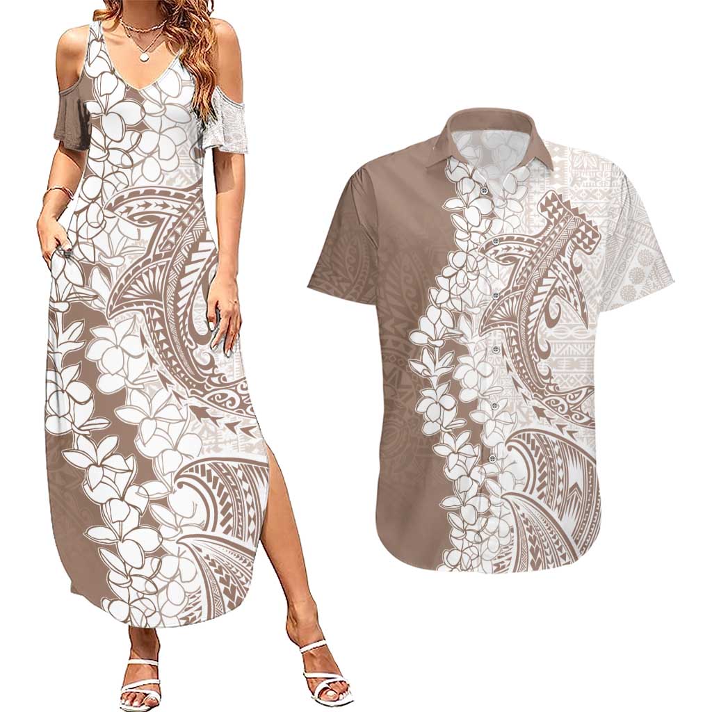 Polynesian Beige Plumeria Lei Couples Matching Summer Maxi Dress and Hawaiian Shirt with Hammerhead Shark LT7 Beige - Polynesian Pride