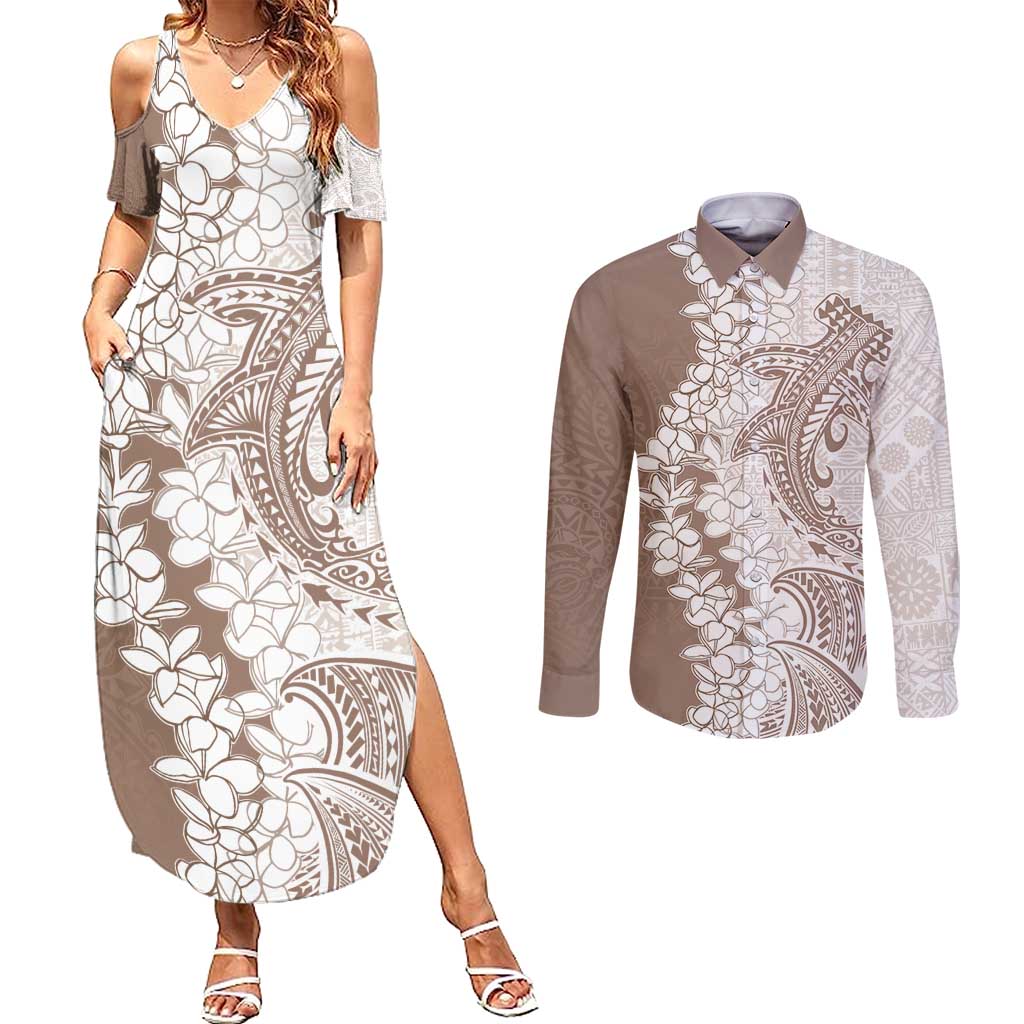 Polynesian Beige Plumeria Lei Couples Matching Summer Maxi Dress and Long Sleeve Button Shirt with Hammerhead Shark LT7 Beige - Polynesian Pride