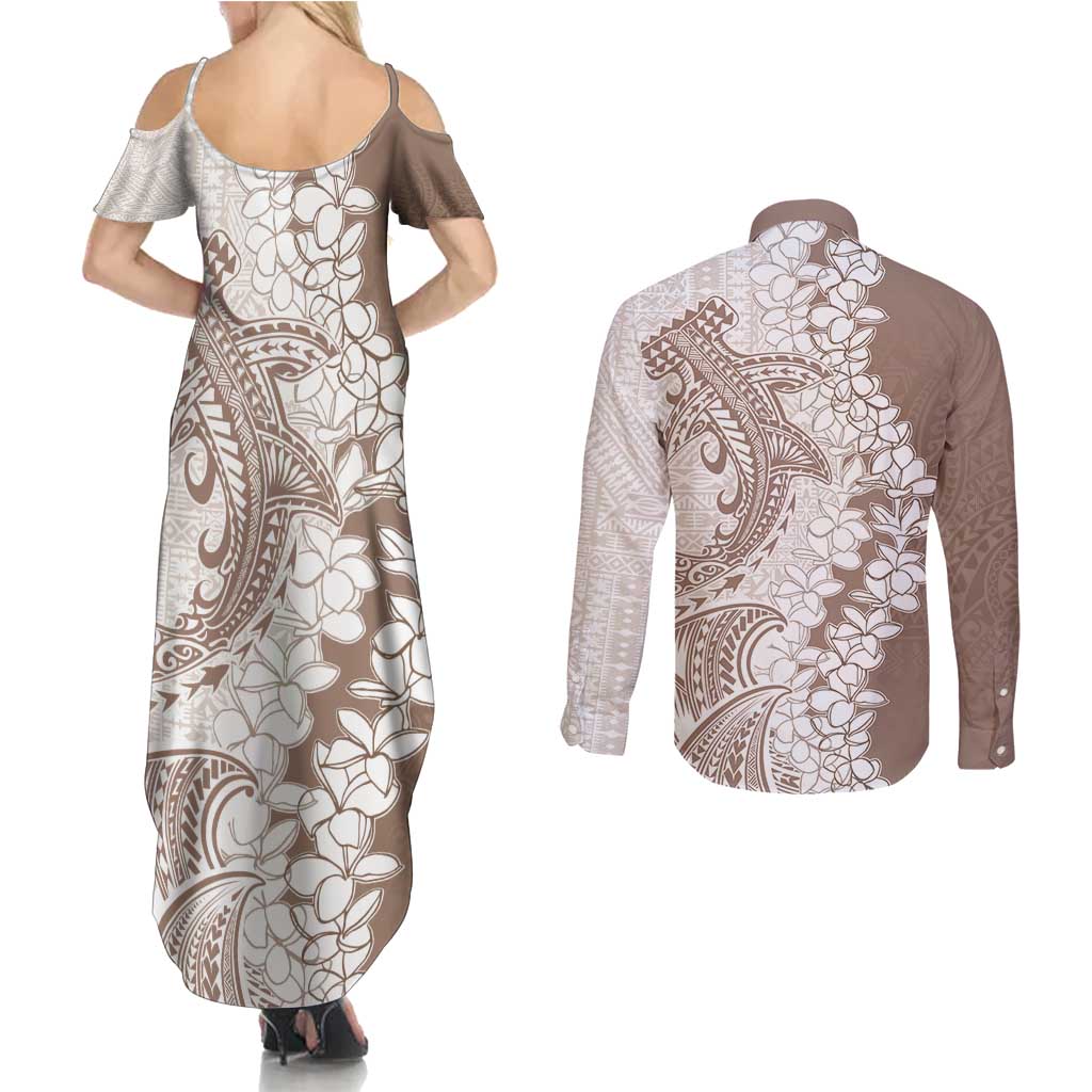 Polynesian Beige Plumeria Lei Couples Matching Summer Maxi Dress and Long Sleeve Button Shirt with Hammerhead Shark LT7 - Polynesian Pride