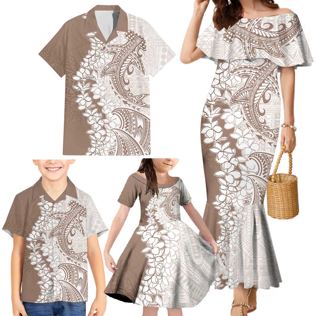 Polynesian Beige Plumeria Lei Family Matching Mermaid Dress and Hawaiian Shirt with Hammerhead Shark