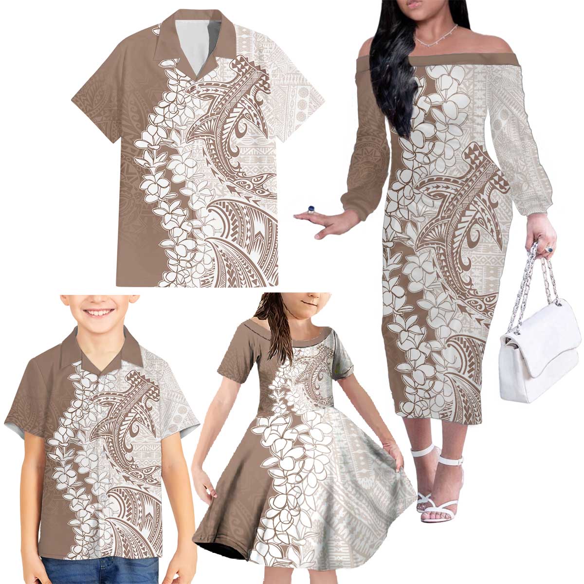 Polynesian Beige Plumeria Lei Family Matching Off The Shoulder Long Sleeve Dress and Hawaiian Shirt with Hammerhead Shark