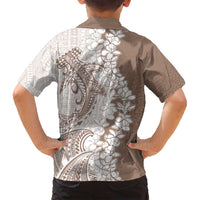 Polynesian Beige Plumeria Lei Family Matching Off Shoulder Short Dress and Hawaiian Shirt with Hammerhead Shark