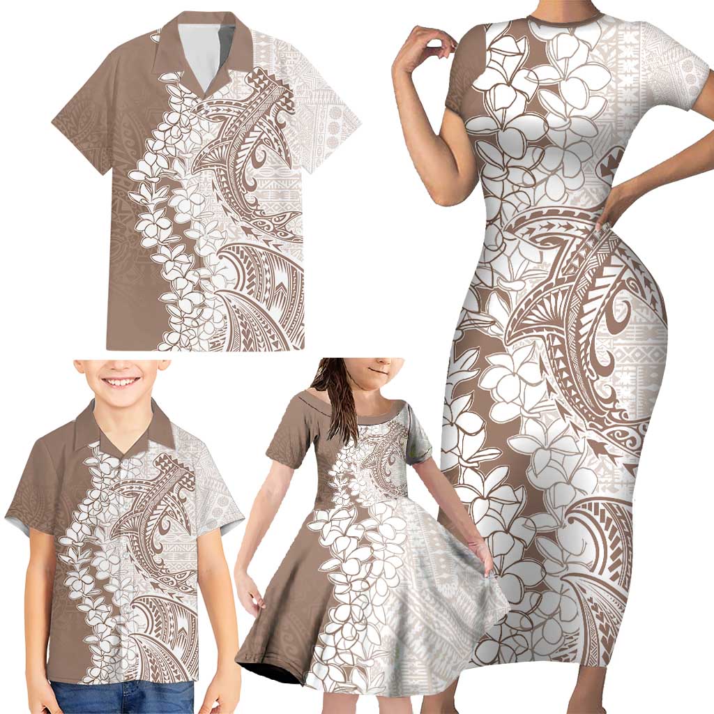 Polynesian Beige Plumeria Lei Family Matching Short Sleeve Bodycon Dress and Hawaiian Shirt with Hammerhead Shark