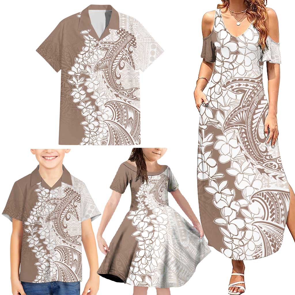 Polynesian Beige Plumeria Lei Family Matching Summer Maxi Dress and Hawaiian Shirt with Hammerhead Shark