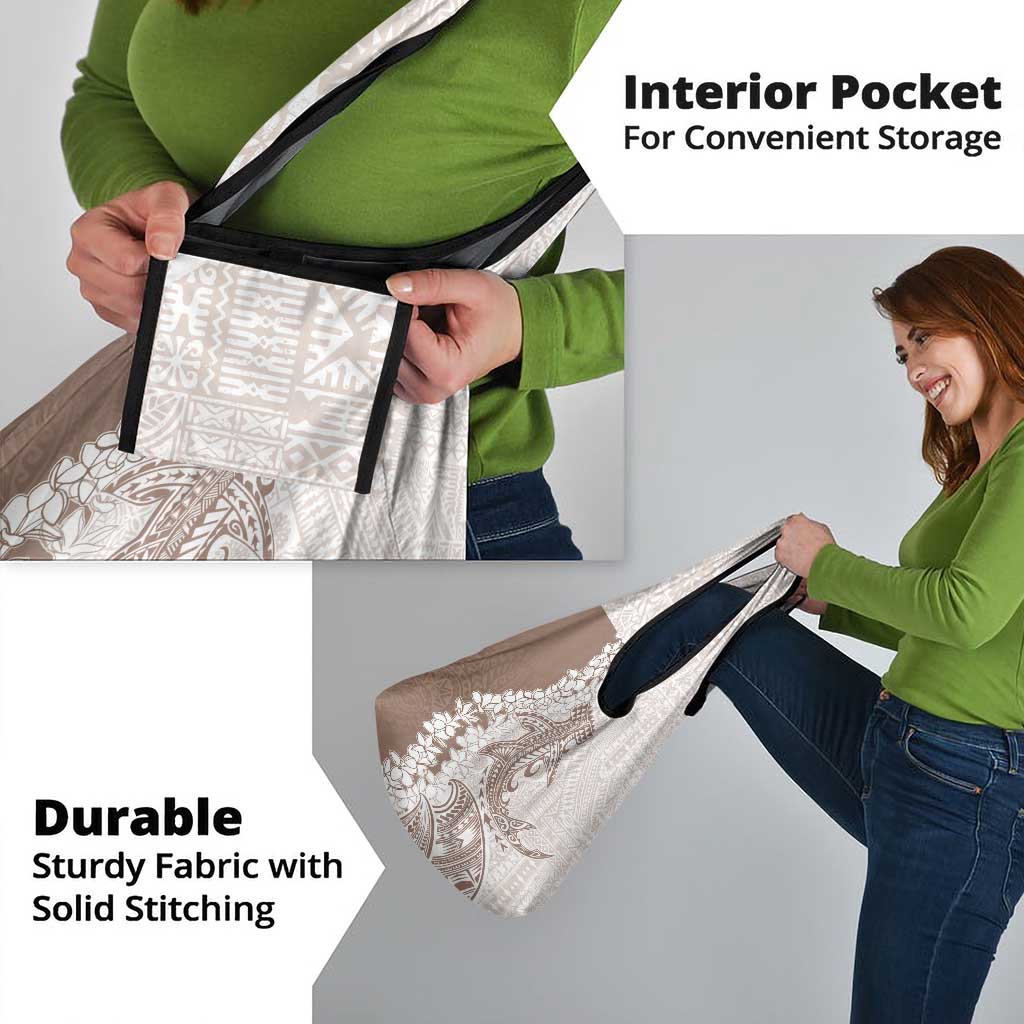 Polynesian Beige Plumeria Lei Grocery Bag with Hammerhead Shark