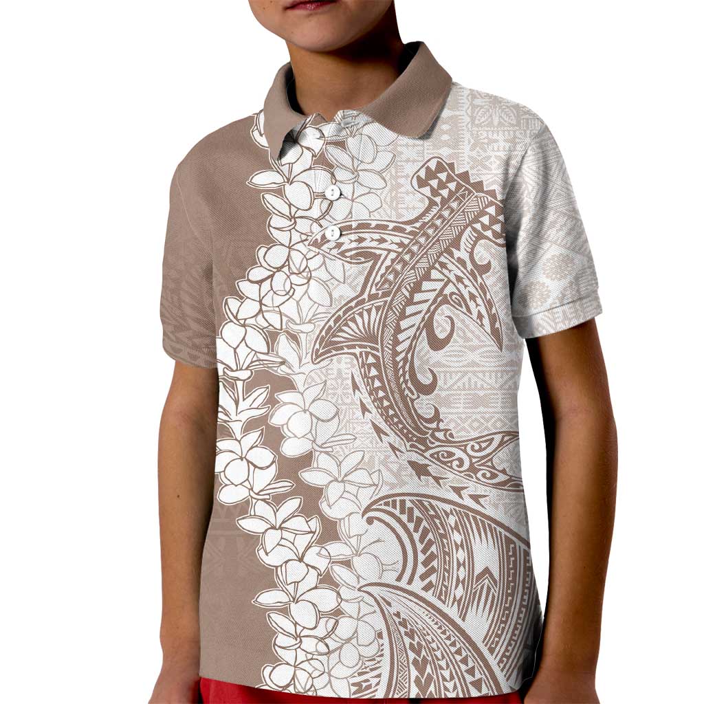 Polynesian Beige Plumeria Lei Kid Polo Shirt with Hammerhead Shark