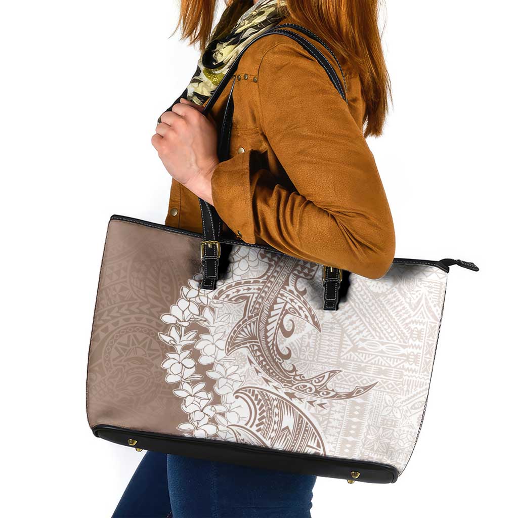 Polynesian Beige Plumeria Lei Leather Tote Bag with Hammerhead Shark LT7 Beige - Polynesian Pride
