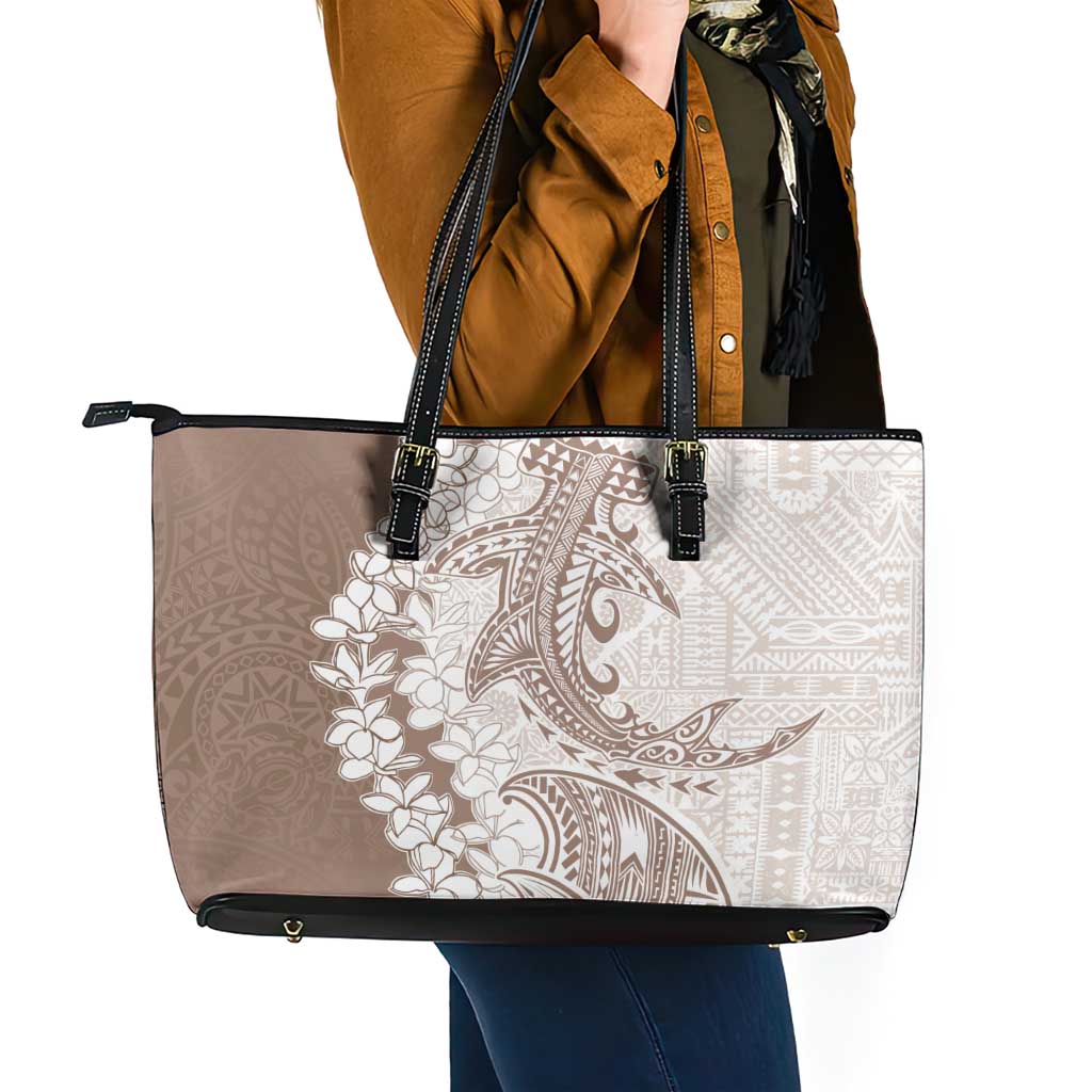 Polynesian Beige Plumeria Lei Leather Tote Bag with Hammerhead Shark LT7 - Polynesian Pride