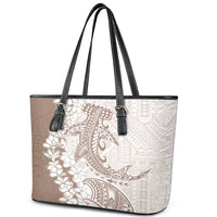 Polynesian Beige Plumeria Lei Leather Tote Bag with Hammerhead Shark LT7 - Polynesian Pride
