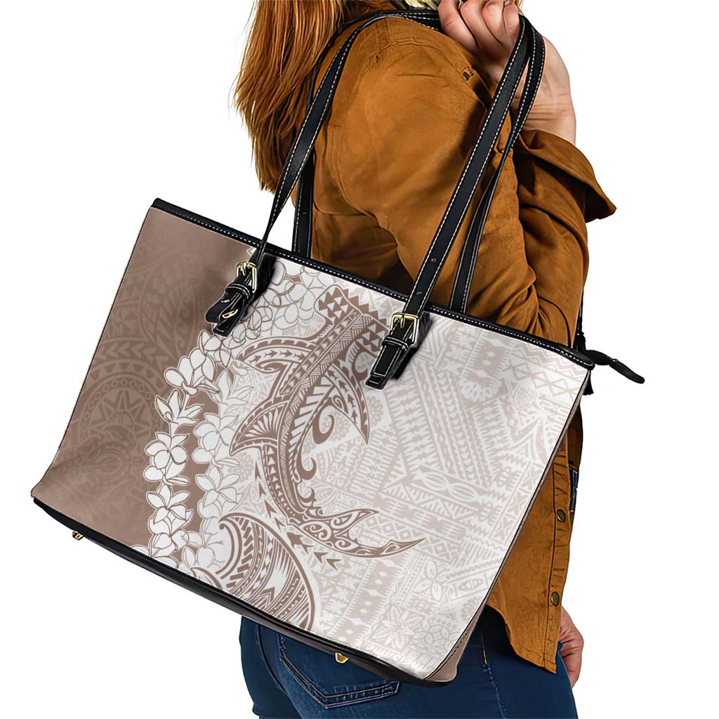 Polynesian Beige Plumeria Lei Leather Tote Bag with Hammerhead Shark LT7 - Polynesian Pride