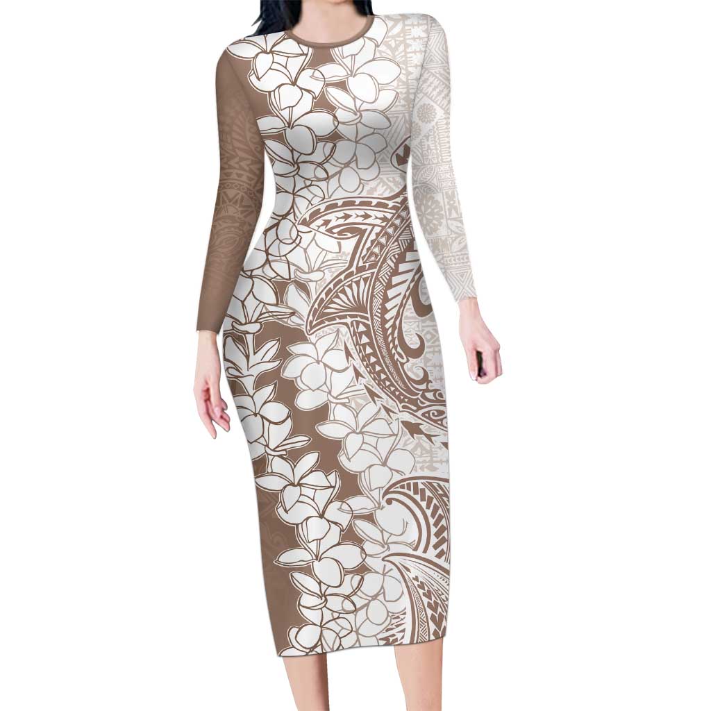 Polynesian Beige Plumeria Lei Long Sleeve Bodycon Dress with Hammerhead Shark