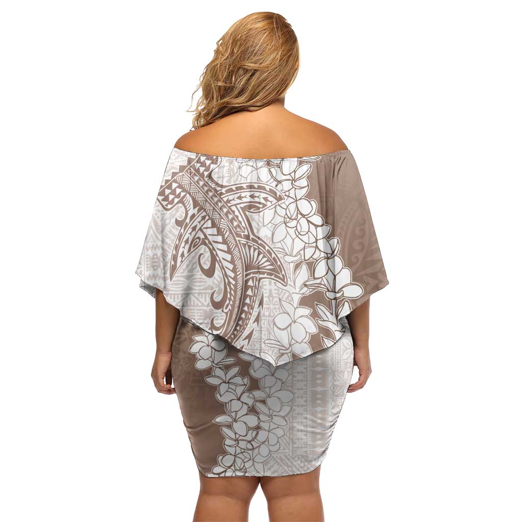 Polynesian Beige Plumeria Lei Off Shoulder Short Dress with Hammerhead Shark LT7 - Polynesian Pride