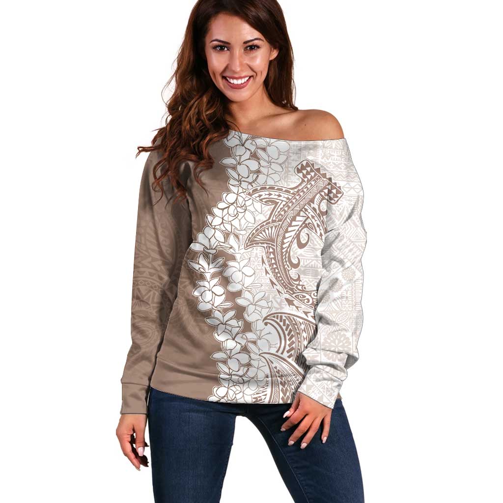 Polynesian Beige Plumeria Lei Off Shoulder Sweater with Hammerhead Shark