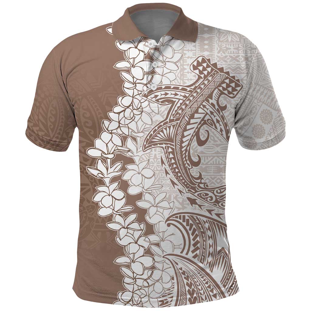 Polynesian Beige Plumeria Lei Polo Shirt with Hammerhead Shark