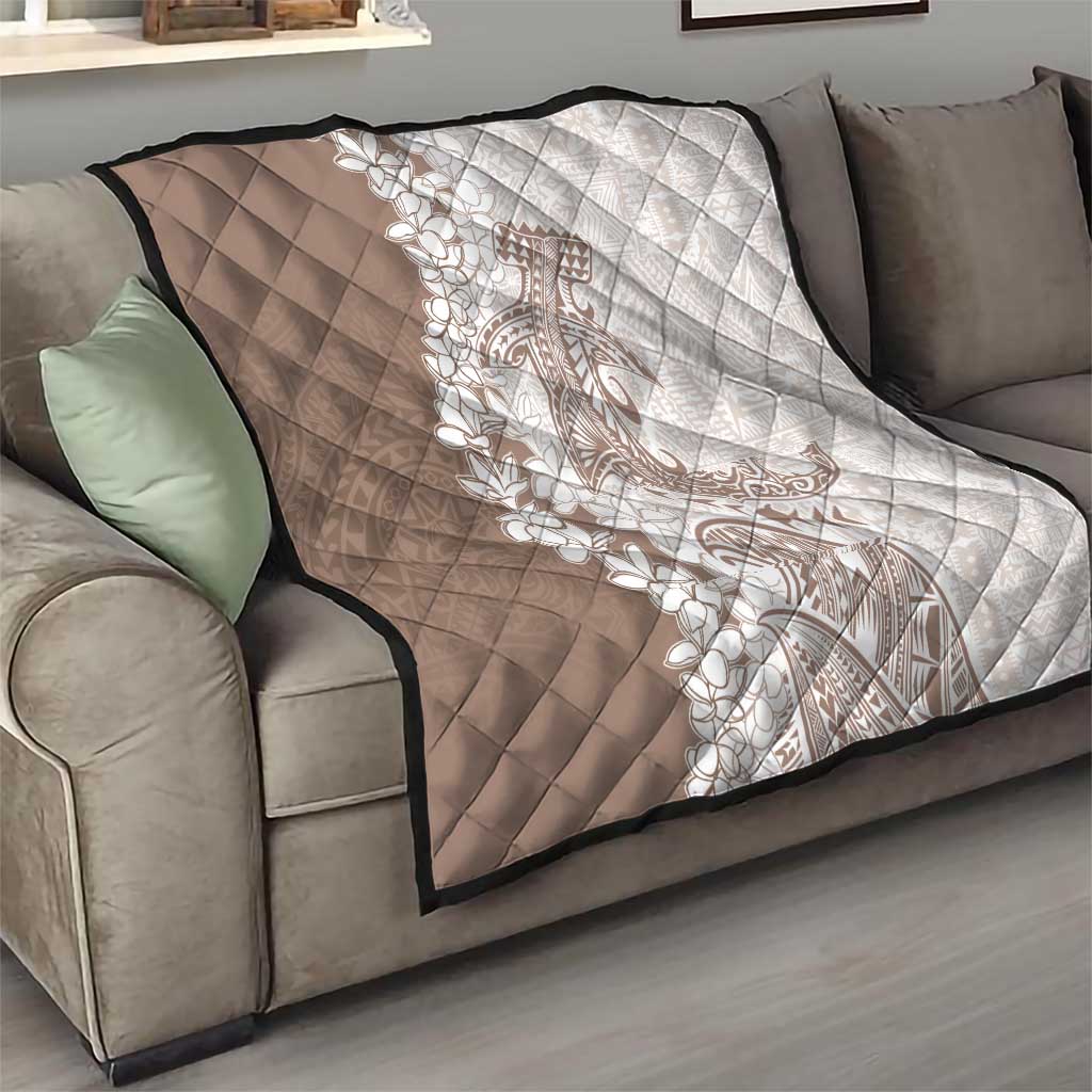 Polynesian Beige Plumeria Lei Quilt with Hammerhead Shark