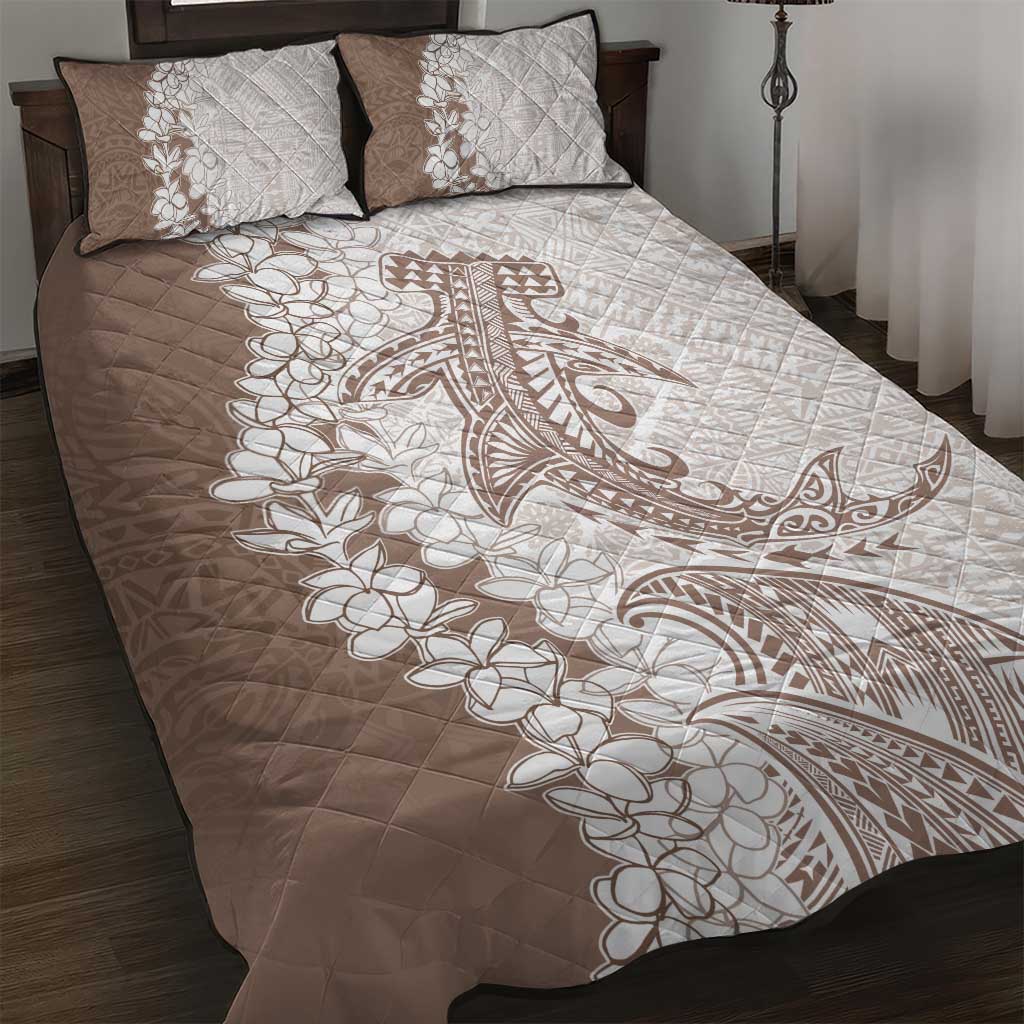 Polynesian Beige Plumeria Lei Quilt Bed Set with Hammerhead Shark