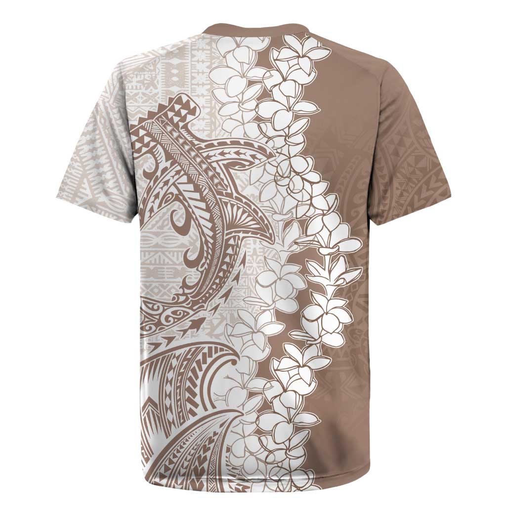 Polynesian Beige Plumeria Lei Rugby Jersey with Hammerhead Shark
