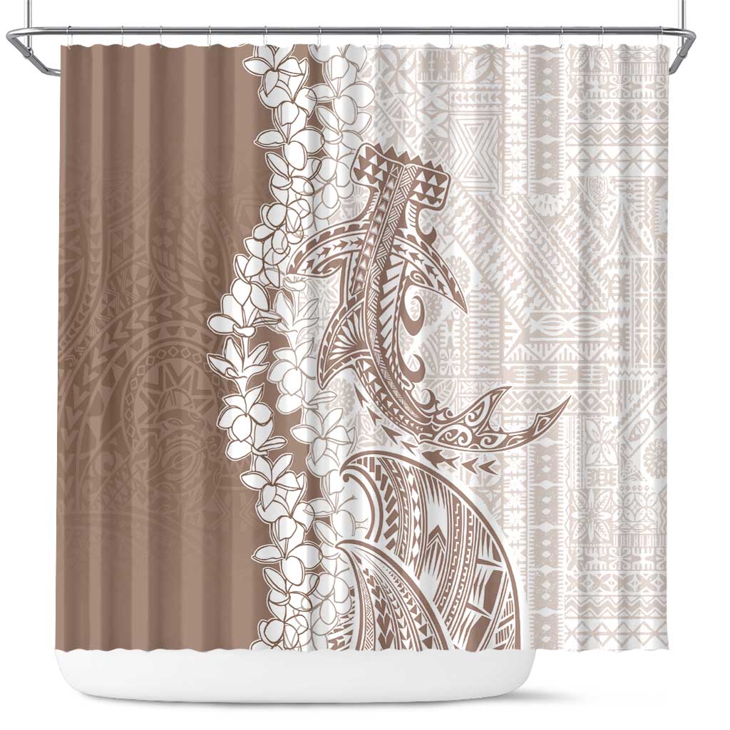 Polynesian Beige Plumeria Lei Shower Curtain with Hammerhead Shark