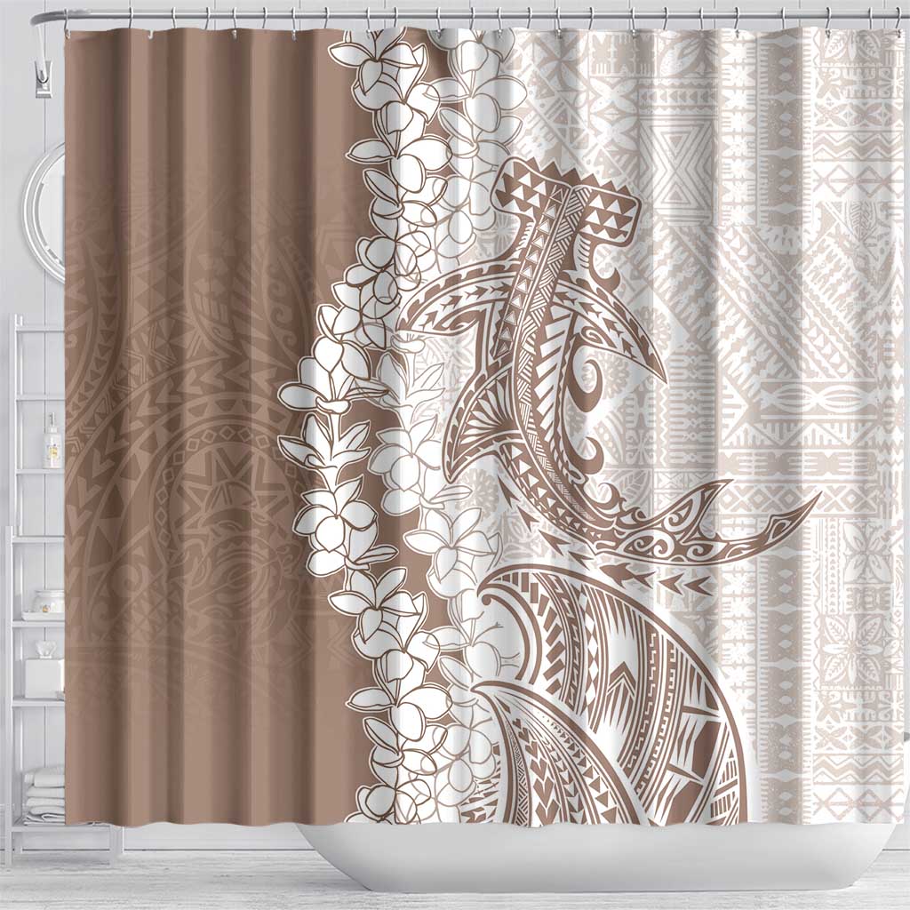 Polynesian Beige Plumeria Lei Shower Curtain with Hammerhead Shark