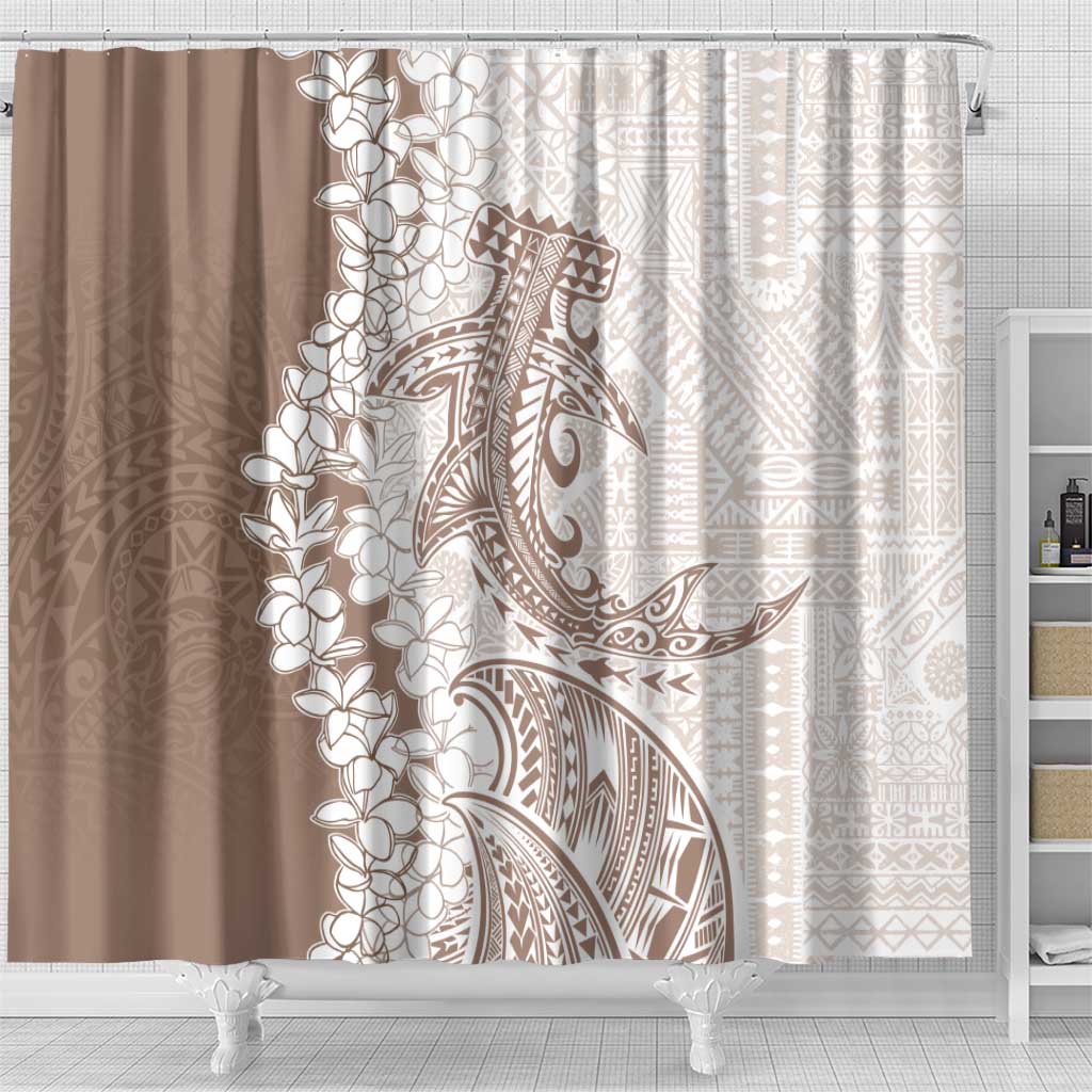 Polynesian Beige Plumeria Lei Shower Curtain with Hammerhead Shark