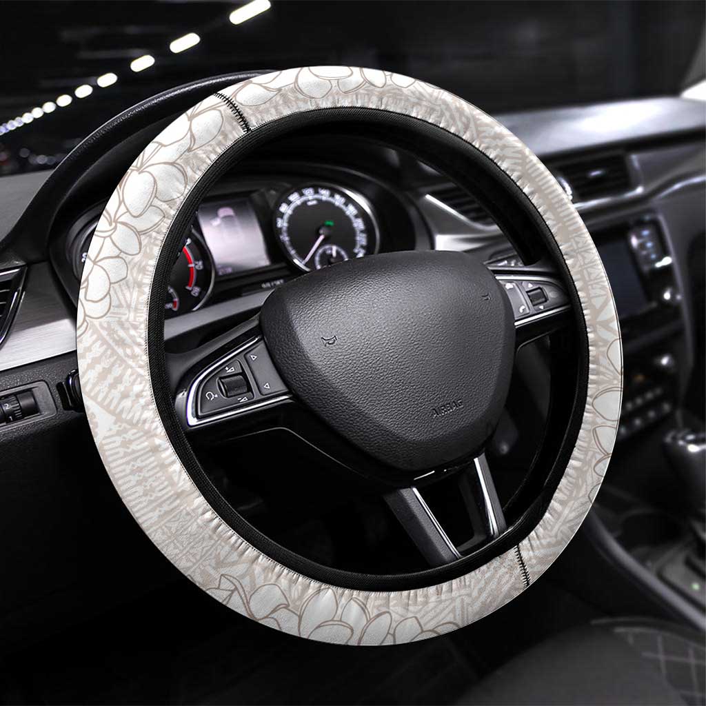 Polynesian Beige Plumeria Lei Steering Wheel Cover with Hammerhead Shark