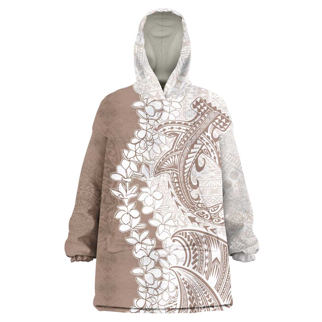 Polynesian Beige Plumeria Lei Wearable Blanket Hoodie with Hammerhead Shark