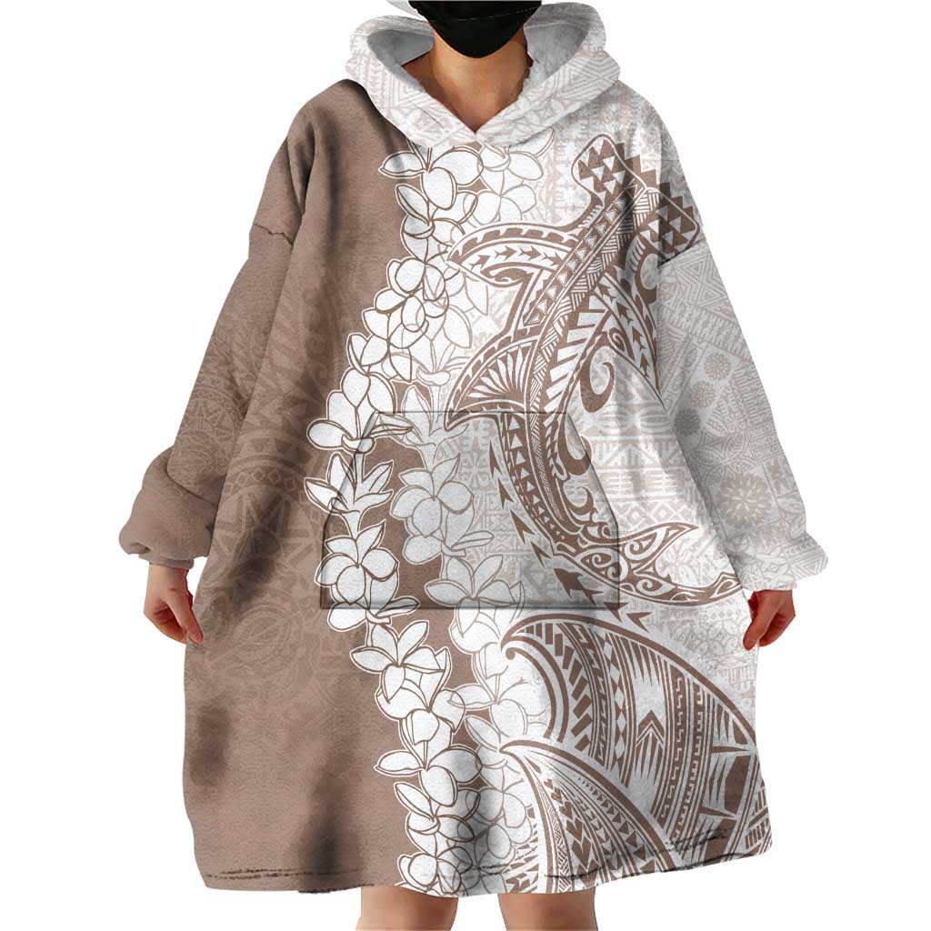 Polynesian Beige Plumeria Lei Wearable Blanket Hoodie with Hammerhead Shark LT7 - Polynesian Pride