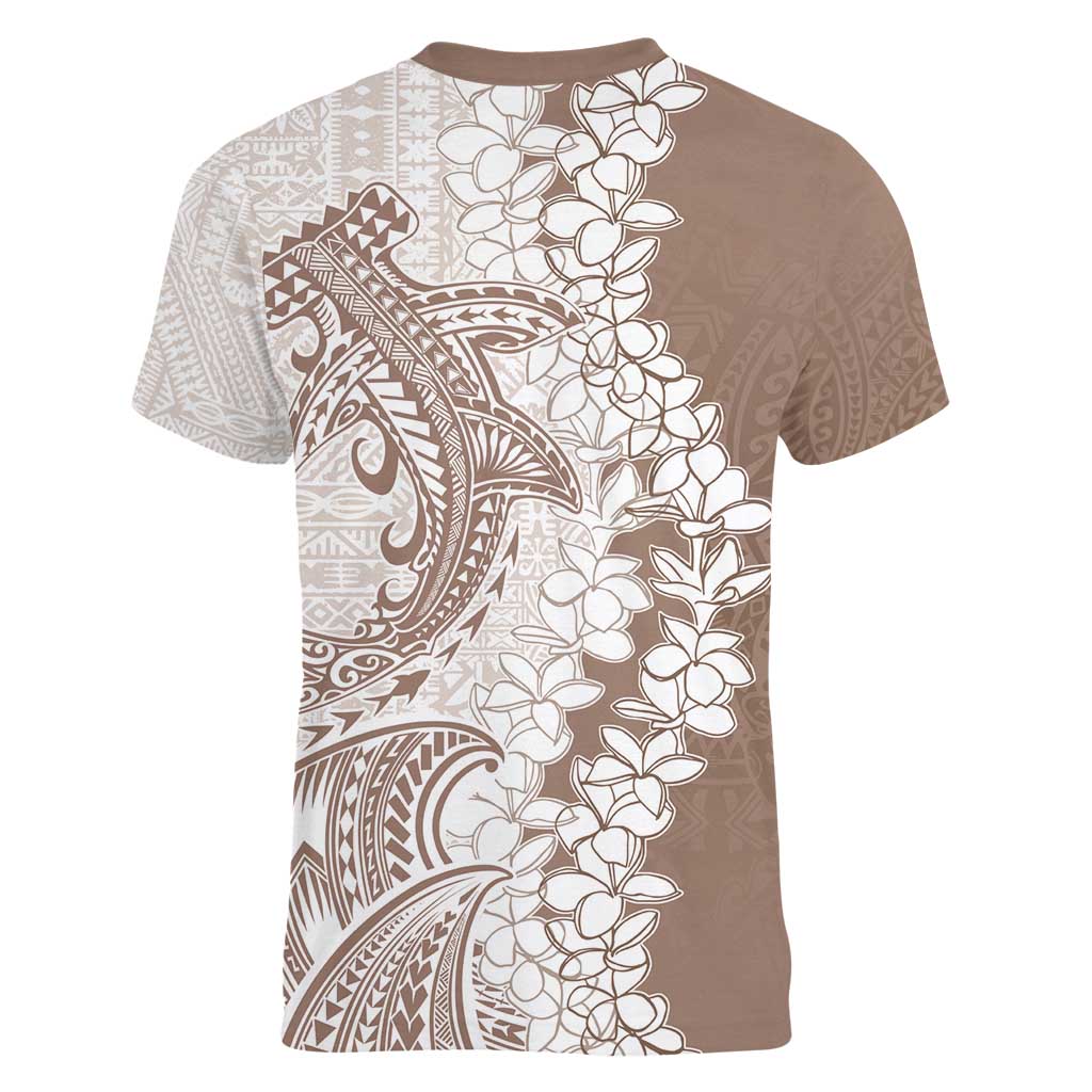 Polynesian Beige Plumeria Lei Women V-Neck T-Shirt with Hammerhead Shark LT7 - Polynesian Pride