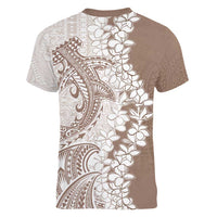 Polynesian Beige Plumeria Lei Women V-Neck T-Shirt with Hammerhead Shark LT7 - Polynesian Pride