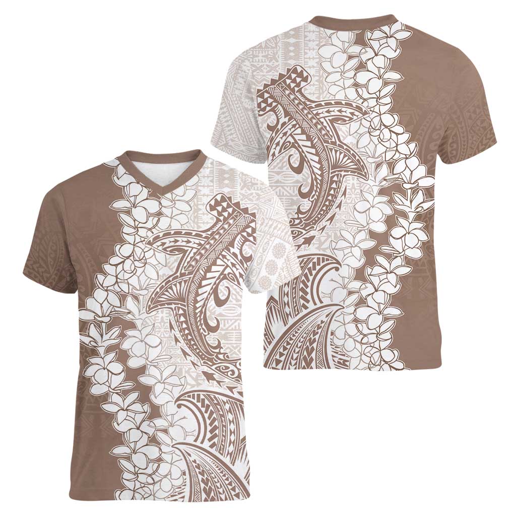 Polynesian Beige Plumeria Lei Women V-Neck T-Shirt with Hammerhead Shark LT7 - Polynesian Pride