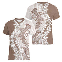 Polynesian Beige Plumeria Lei Women V-Neck T-Shirt with Hammerhead Shark LT7 - Polynesian Pride