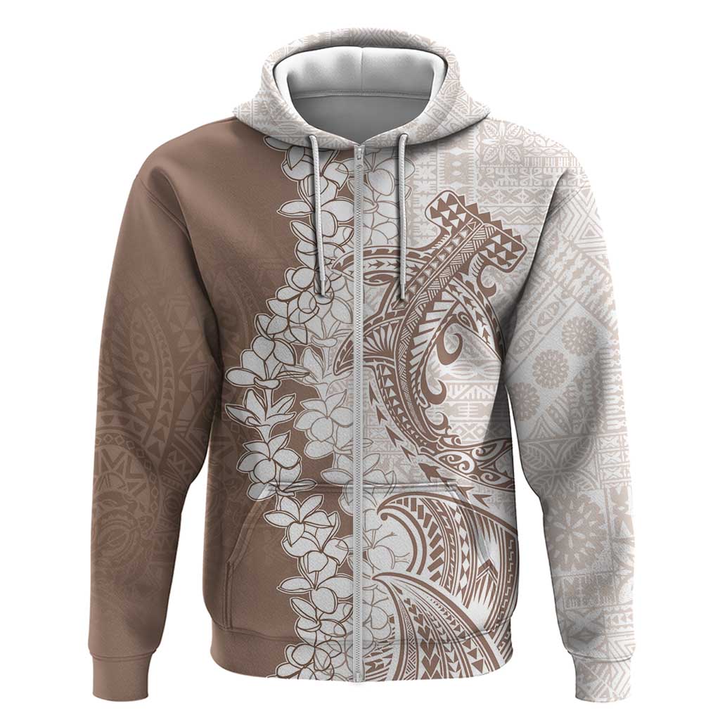 Polynesian Beige Plumeria Lei Zip Hoodie with Hammerhead Shark