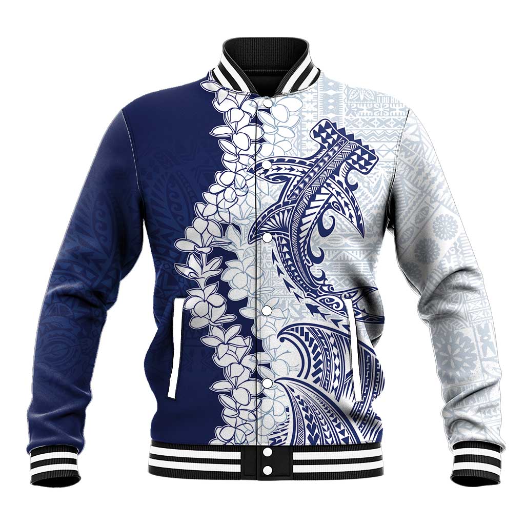 Polynesian Navy Blue Plumeria Lei Baseball Jacket with Hammerhead Shark LT7 Unisex Navy Blue - Polynesian Pride