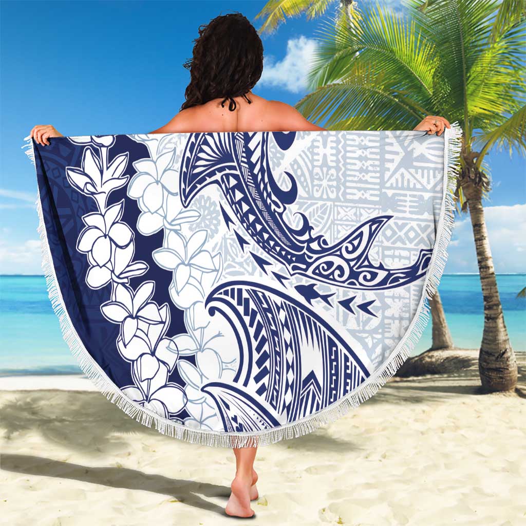 Polynesian Navy Blue Plumeria Lei Beach Blanket with Hammerhead Shark LT7 - Polynesian Pride