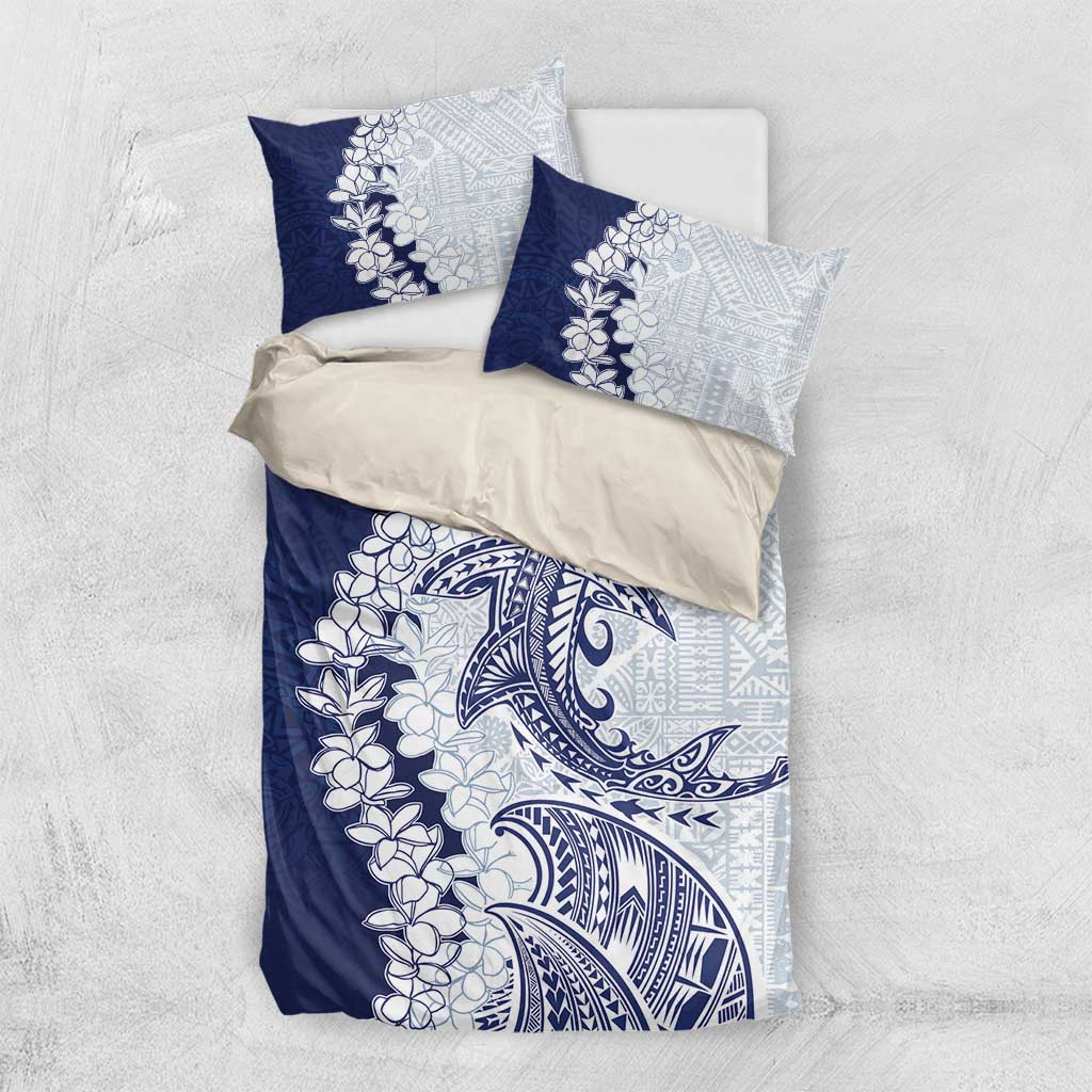 Polynesian Navy Blue Plumeria Lei Bedding Set with Hammerhead Shark