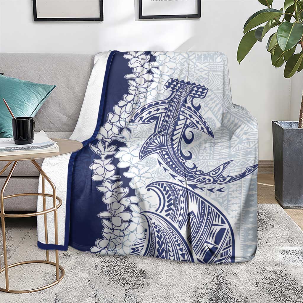 Polynesian Navy Blue Plumeria Lei Blanket with Hammerhead Shark LT7 - Polynesian Pride
