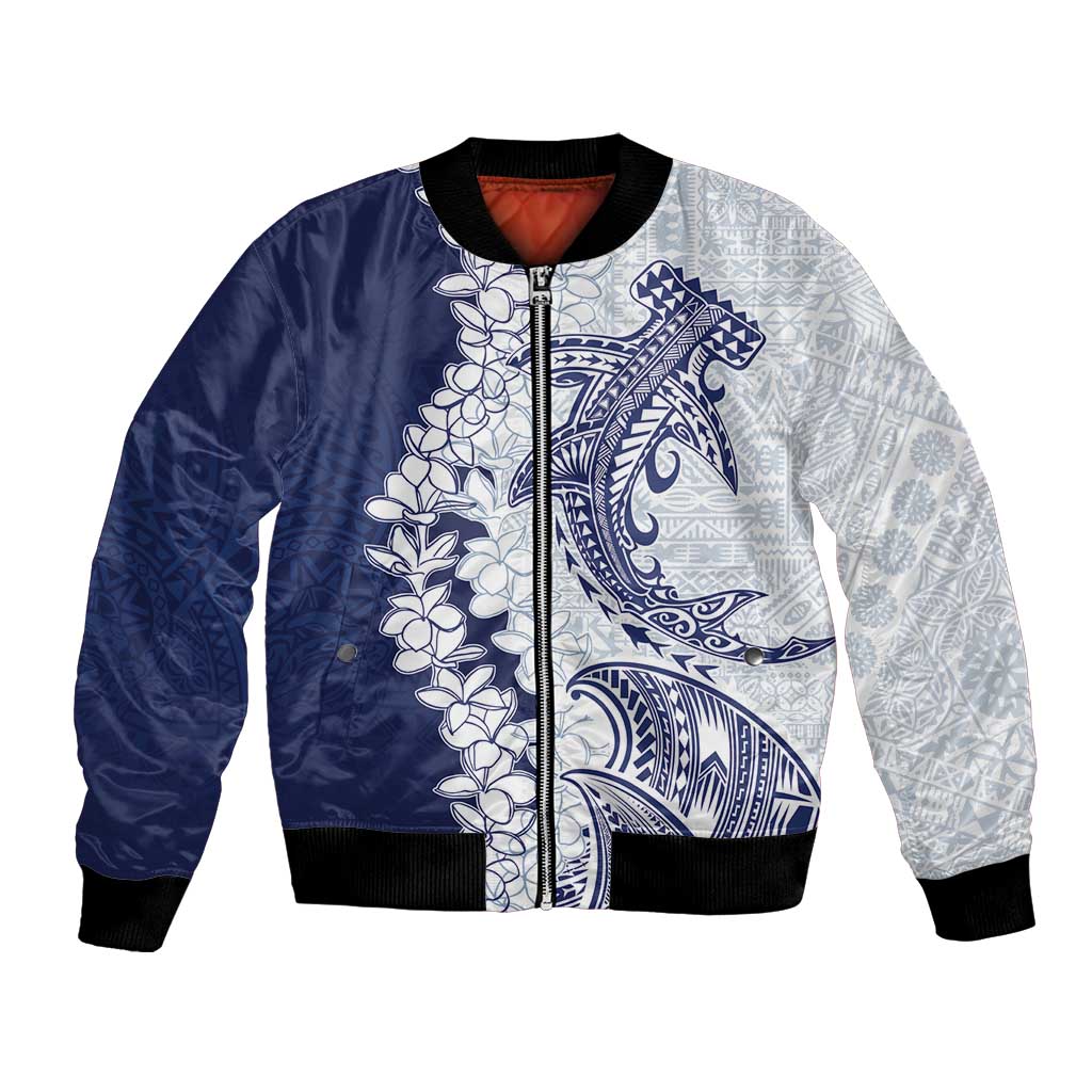 Polynesian Navy Blue Plumeria Lei Bomber Jacket with Hammerhead Shark