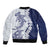 Polynesian Navy Blue Plumeria Lei Bomber Jacket with Hammerhead Shark