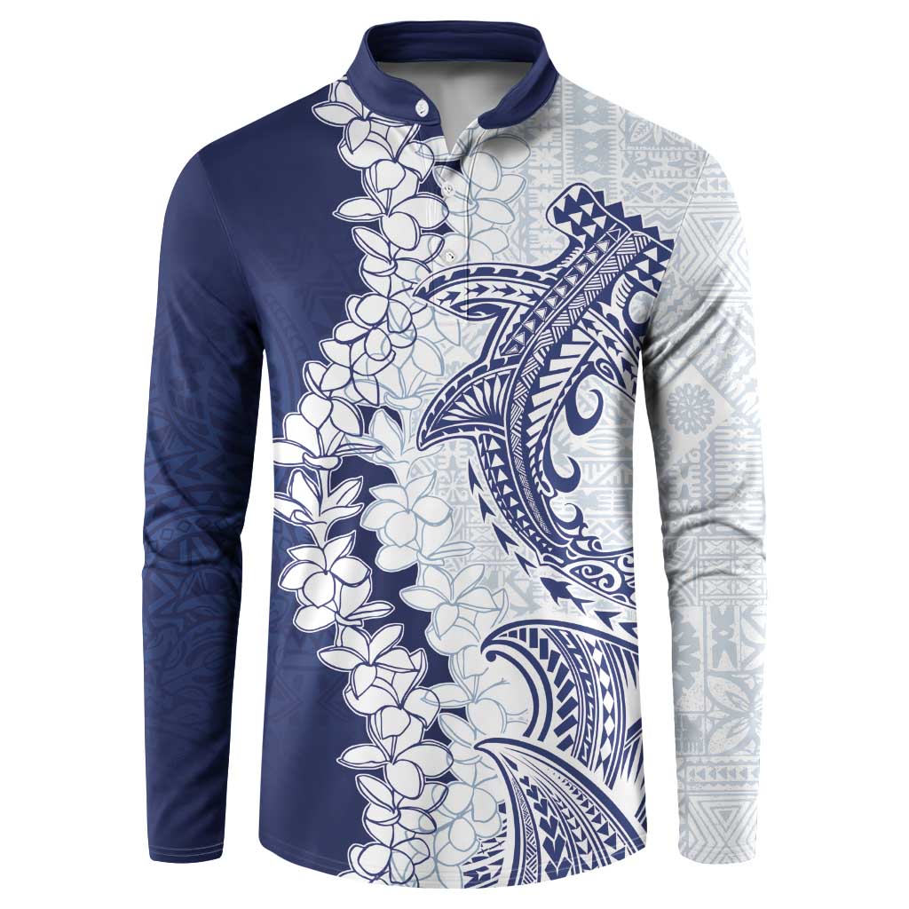 Polynesian Navy Blue Plumeria Lei Button Sweatshirt with Hammerhead Shark LT7 Navy Blue - Polynesian Pride