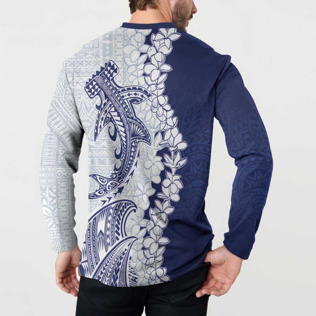 Polynesian Navy Blue Plumeria Lei Button Sweatshirt with Hammerhead Shark LT7 - Polynesian Pride