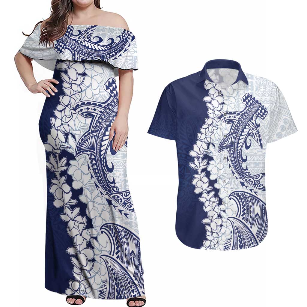 Polynesian Navy Blue Plumeria Lei Couples Matching Off Shoulder Maxi Dress and Hawaiian Shirt with Hammerhead Shark