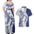 Polynesian Navy Blue Plumeria Lei Couples Matching Off Shoulder Maxi Dress and Hawaiian Shirt with Hammerhead Shark