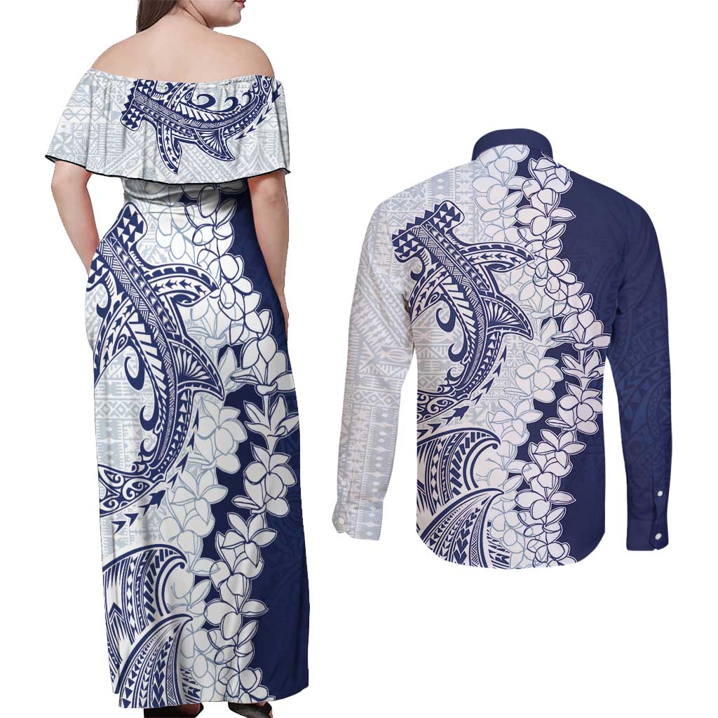 Polynesian Navy Blue Plumeria Lei Couples Matching Off Shoulder Maxi Dress and Long Sleeve Button Shirt with Hammerhead Shark LT7 - Polynesian Pride